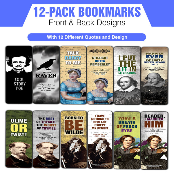 Literary Classics Bookmarks Cards (12-Pack) - Unique Teacher Stocking Stuffers Gifts for Boys, Girls, Kids, Teens, Students - Book Reading Clippers