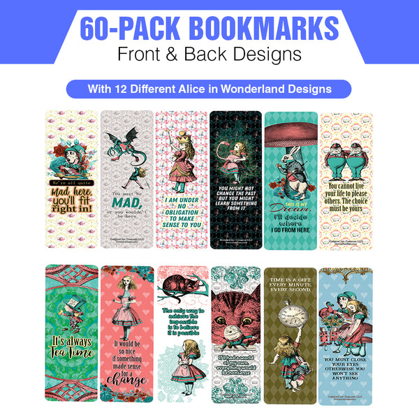 Alice in Wonderland Bookmarks Cards Series 4 (60-Pack) - Assorted Designs for Children - Classroom Reward Incentives for Students - Stocking Stuffers & Party Favors