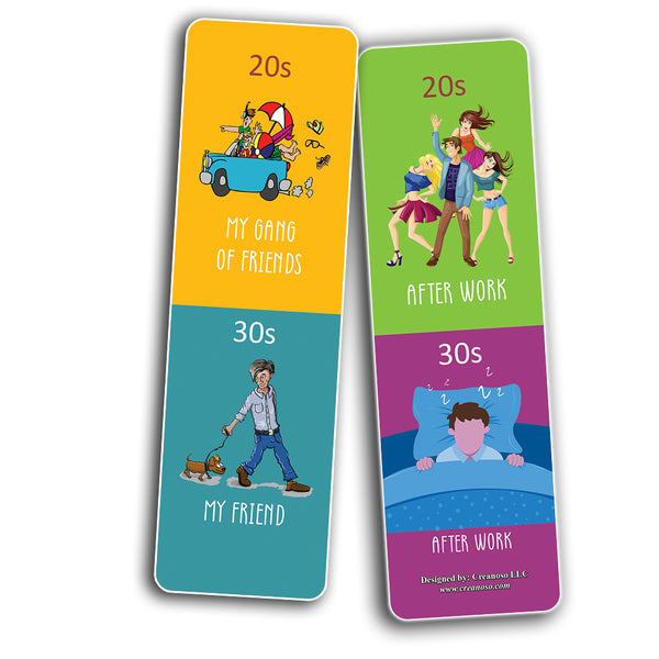 Funny Illustration 20s vs 30s Bookmark Card (60 Pack) - Great Party Favors Card Lot Set â€“ Epic Collection Set Book Page Clippers â€“ Cool Gifts for Children, Boys, Girls