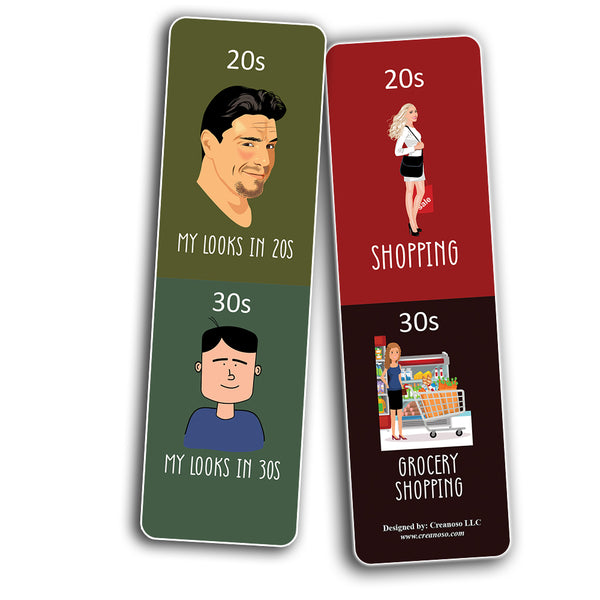 Funny Illustration 20s vs 30s Bookmark Card (60 Pack) - Great Party Favors Card Lot Set â€“ Epic Collection Set Book Page Clippers â€“ Cool Gifts for Children, Boys, Girls