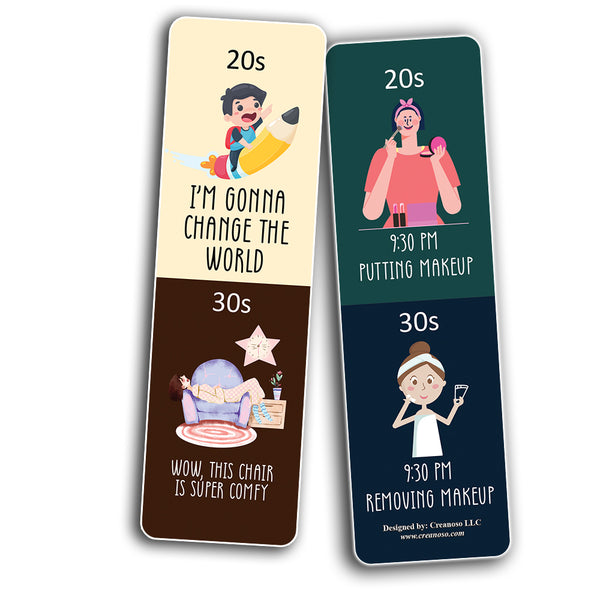 Funny Illustration 20s vs 30s Bookmark Card (12 Pack) - Unique Teacher Stocking Stuffers Gifts for Boys, Girls, Kids, Teens, Students - Book Reading Clippers