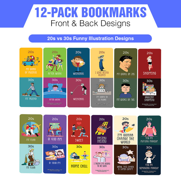 Funny Illustration 20s vs 30s Bookmark Card (12 Pack) - Unique Teacher Stocking Stuffers Gifts for Boys, Girls, Kids, Teens, Students - Book Reading Clippers
