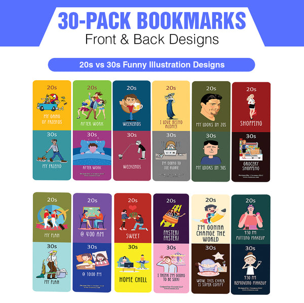 Funny Illustration 20s vs 30s Bookmark Card (30 Pack) - Great Reading Rewards Incentives for Book Lovers & Literature Gifts for Young Readers