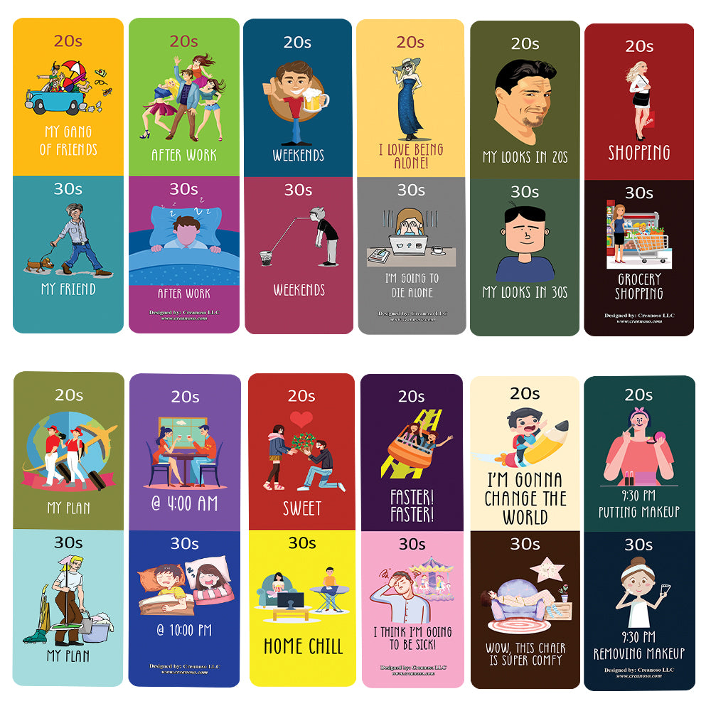 Funny Illustration 20s vs 30s Bookmark Card (12 Pack) - Unique Teacher Stocking Stuffers Gifts for Boys, Girls, Kids, Teens, Students - Book Reading Clippers