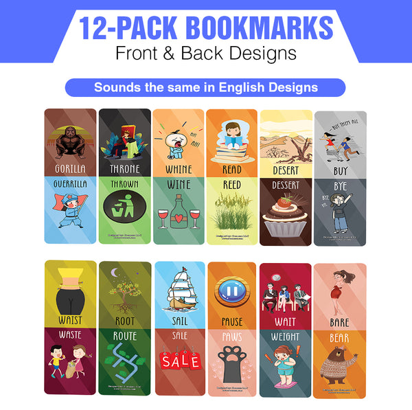 Sounds the same in English (Funny Illustration) Bookmarks (12 Pack) - Unique Teacher Stocking Stuffers Gifts for Boys, Girls, Kids, Teens, Students - Book Reading Clippers