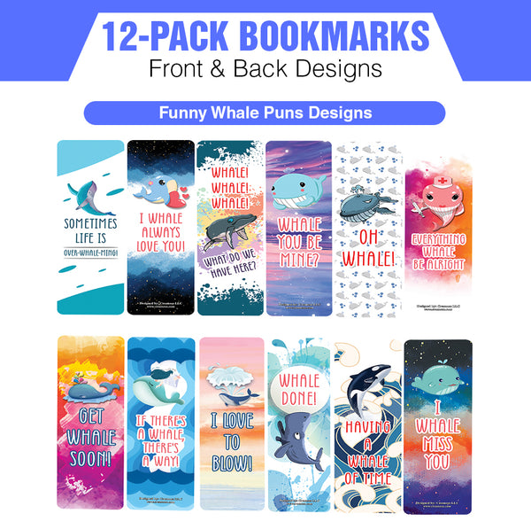 Funny Whale Puns Bookmarks (12 Pack) - Unique Teacher Stocking Stuffers Gifts for Boys, Girls, Kids, Teens, Students - Book Reading Clippers