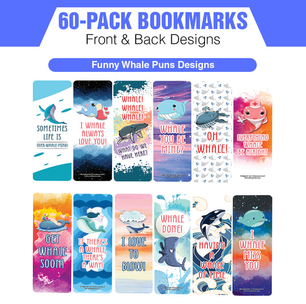 Funny Whale Puns Bookmarks (60 Pack) - Great Party Favors Card Lot Set â€“ Epic Collection Set Book Page Clippers â€“ Cool Gifts for Children, Boys, Girls