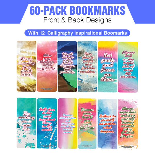 Calligraphy Inspirational Bookmarks (60-Pack) â€“ Daily Inspirational Card Set â€“ Interesting Book Page Clippers â€“ Great Gifts for Kids and Teens