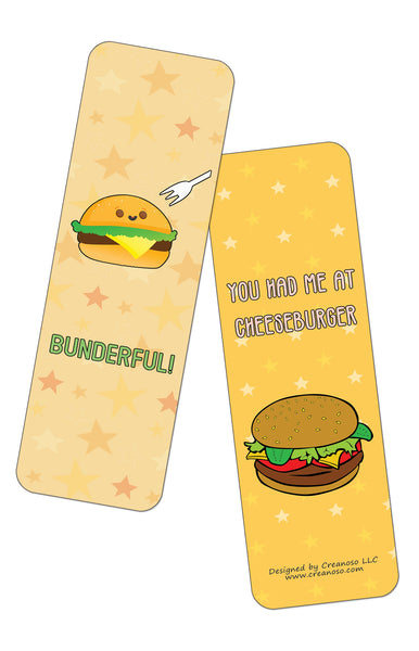 Creanoso Funny Burger Puns Bookmarks (12-Pack) - Stocking Stuffers Premium Quality Gift Ideas for Children, Teens, & Adults - Corporate Giveaways & Party Favors