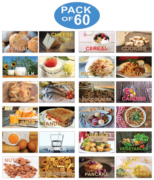 Creanoso Food and Drinks Basic Learning Identification Flashcards for Children (60-Pack) Ã¢â‚¬â€œ Mini Educational Information Cards Set Ã¢â‚¬â€œ Unique Gift Set for Boys, Girls - Assorted Learning Educational Pack