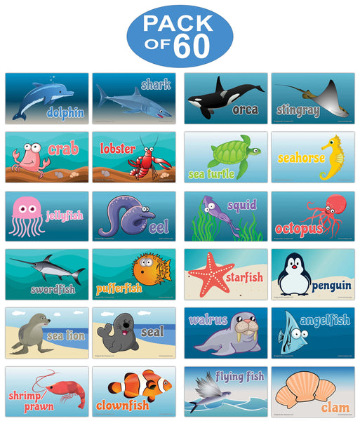 Creanoso Amazing Sea Creatures Flashcards for Children (60-Pack) Ã¢â‚¬â€œ Mini Educational Information Cards Set Ã¢â‚¬â€œ Unique Gift Set for Boys, Girls - Assorted Learning Educational Pack Ã¢â‚¬â€œ Teaching Set