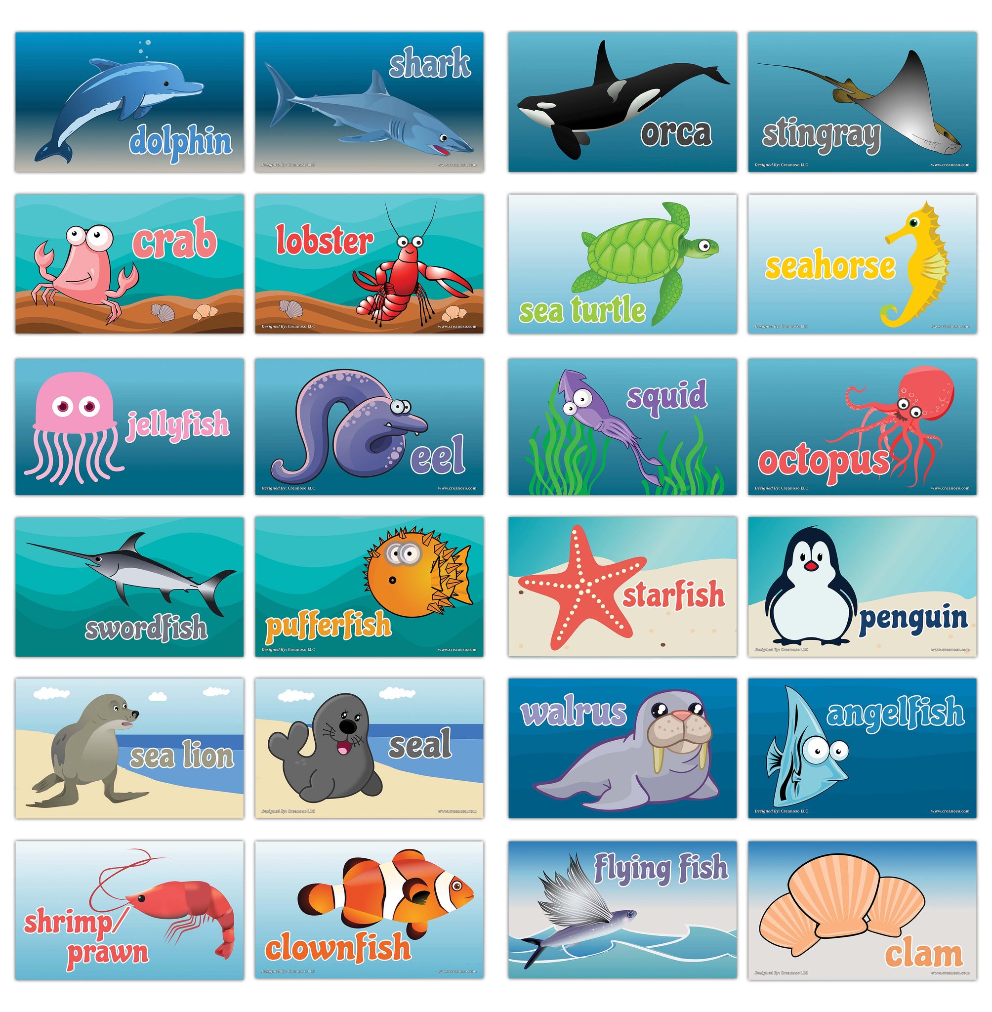 Creanoso Colorful Sea Creatures Flash Cards for Children (120-Pack) Ã¢â‚¬â€œ Unique Educational Cards Gift Set Ã¢â‚¬â€œ Great Stocking Stuffers Gift for Toddlers, Boys & Girls Ã¢â‚¬â€œ Teaching Materials