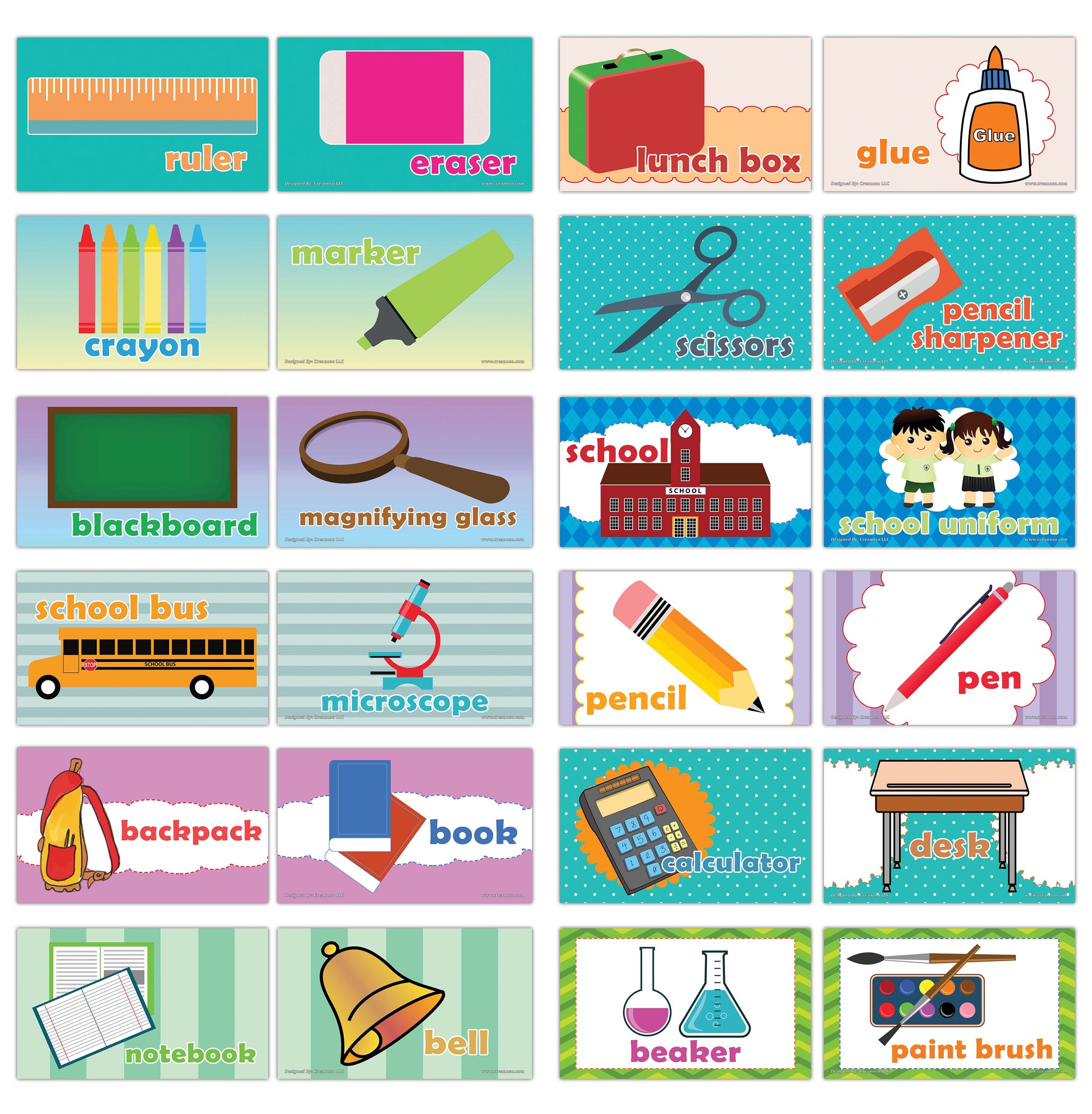 Creanoso School Words Educational Flashcards for Children - Mini Educational Information Cards Set
