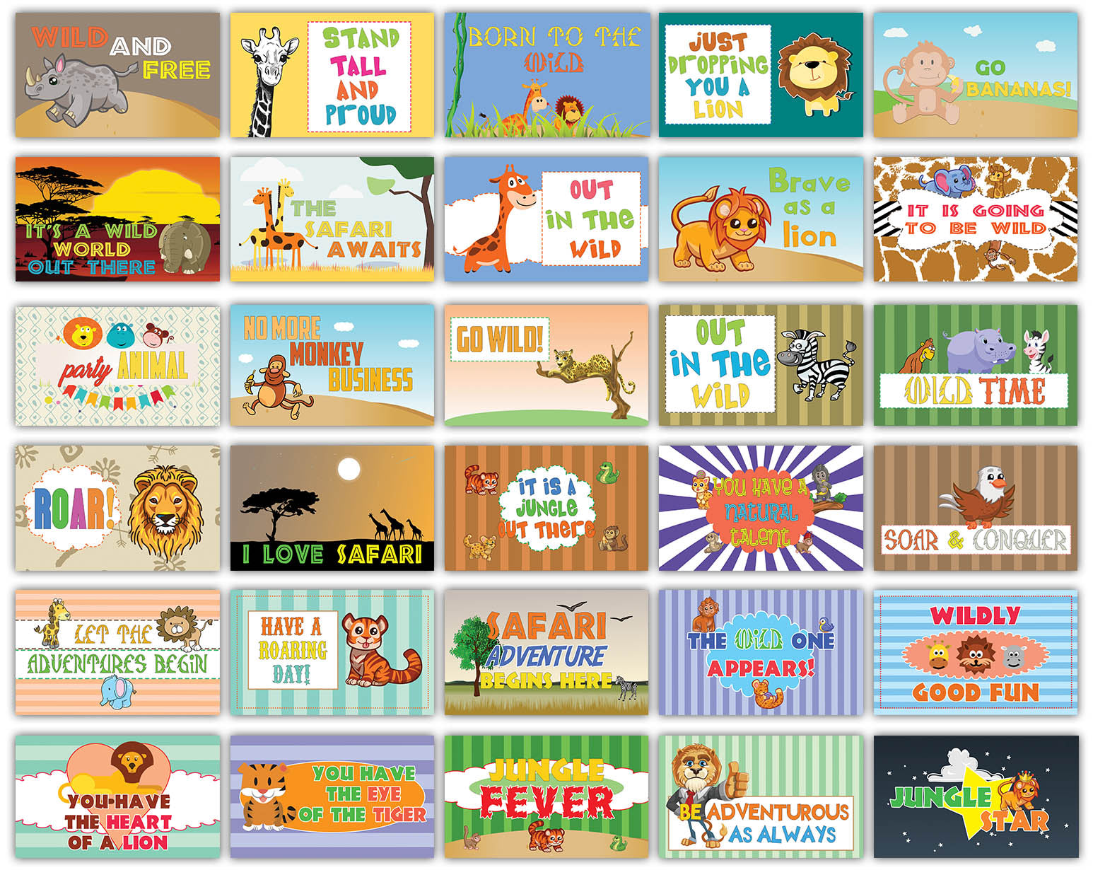 Creanoso Wild Animals Safari Cute Sayings Flashcards - Inspiring School Lunchbox Note Cards for Kids