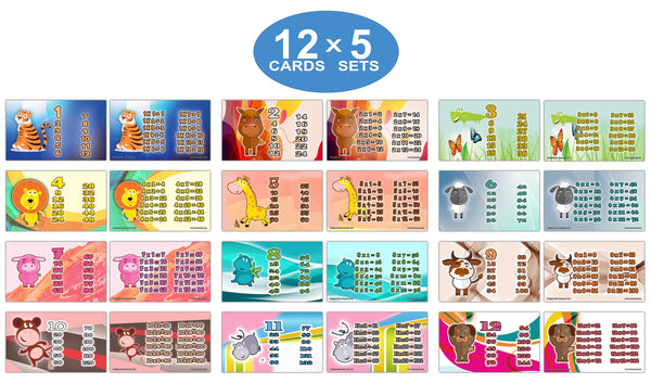 Animal Skip Counting Multiplication Tables Flash Cards (60-Pack - 12 cards front & back designs x 5 sets) - Stocking Stuffers Educational Gifts - Teacher Student Classroom Rewards Incentives