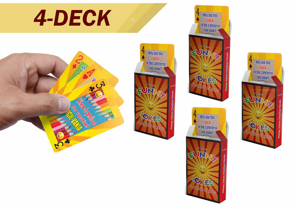Playing Cards Novelty Fun Jokes for Kids Bulk Set (4-Deck) - Favors Decor Supply - Stocking Stuffers Gifts for Young Reader Christmas Holidays Activities - High Quality Poker Size Standard Decks