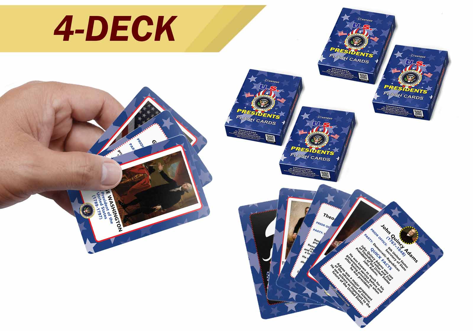 Flash Cards Novelty US Presidents for Kids Bulk Set (4-Deck) - Pretty Favors Decor Decal Supply - Stocking Stuffers Gifts for Men Women Christmas Holidays Activities - High Quality Standard Decks