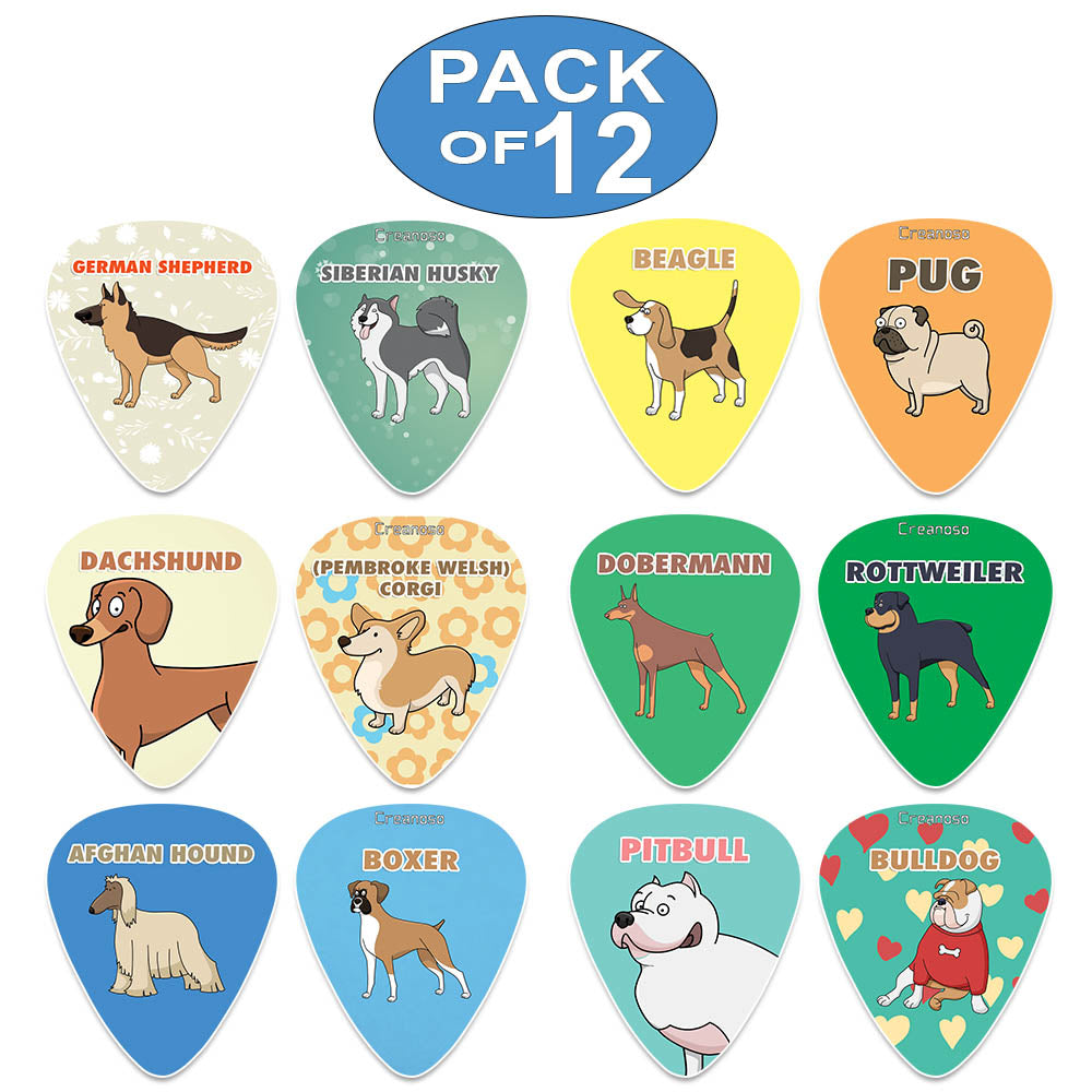 Creanoso Cool Dog Guitar Picks (12-Pack) - Medium Gauge Celluloid - Unique Music Gifts