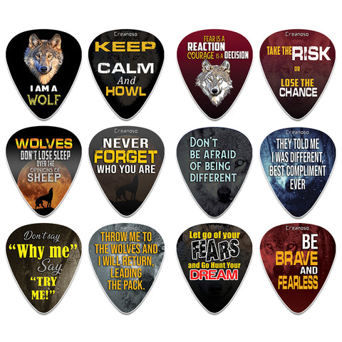 Masculine Courage Wolf Guitar Picks (12-Pack) - Medium Gauge Celluloid - Fingerstyle Guitar Picks - Premium Music Gifts & Guitar Accessories for Boys Son Men Him Husband Dad Boyfriend Musician Gift