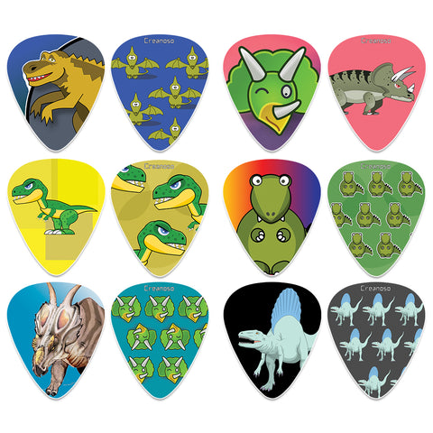 Creanoso Dinosaur Guitar Picks Kids Series 2 (12-Pack) - Medium Gauge Celluloid - Unique Music Gifts & Stocking Stuffers for Men Him Husband Dad Boyfriend Son Boys Musician Father Day Gift