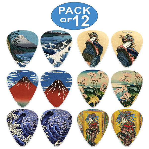Japanese Fine Art Famous Paintings Guitar Picks (12-Pack)- Medium - Katsushika Hokusai Vincent Van Gogh Mount Fuji Wave Geisha - Stocking Stuffers for Guitarist Men Women 'Mother's Day Father's Day