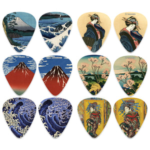Japanese Fine Art Famous Paintings Guitar Picks (12-Pack)- Medium - Katsushika Hokusai Vincent Van Gogh Mount Fuji Wave Geisha - Stocking Stuffers for Guitarist Men Women 'Mother's Day Father's Day