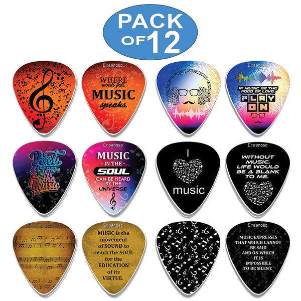 Creanoso Cool Music Guitar Picks Variety Pack (12-Pack) - Premium Music Gifts & Guitar Accessory