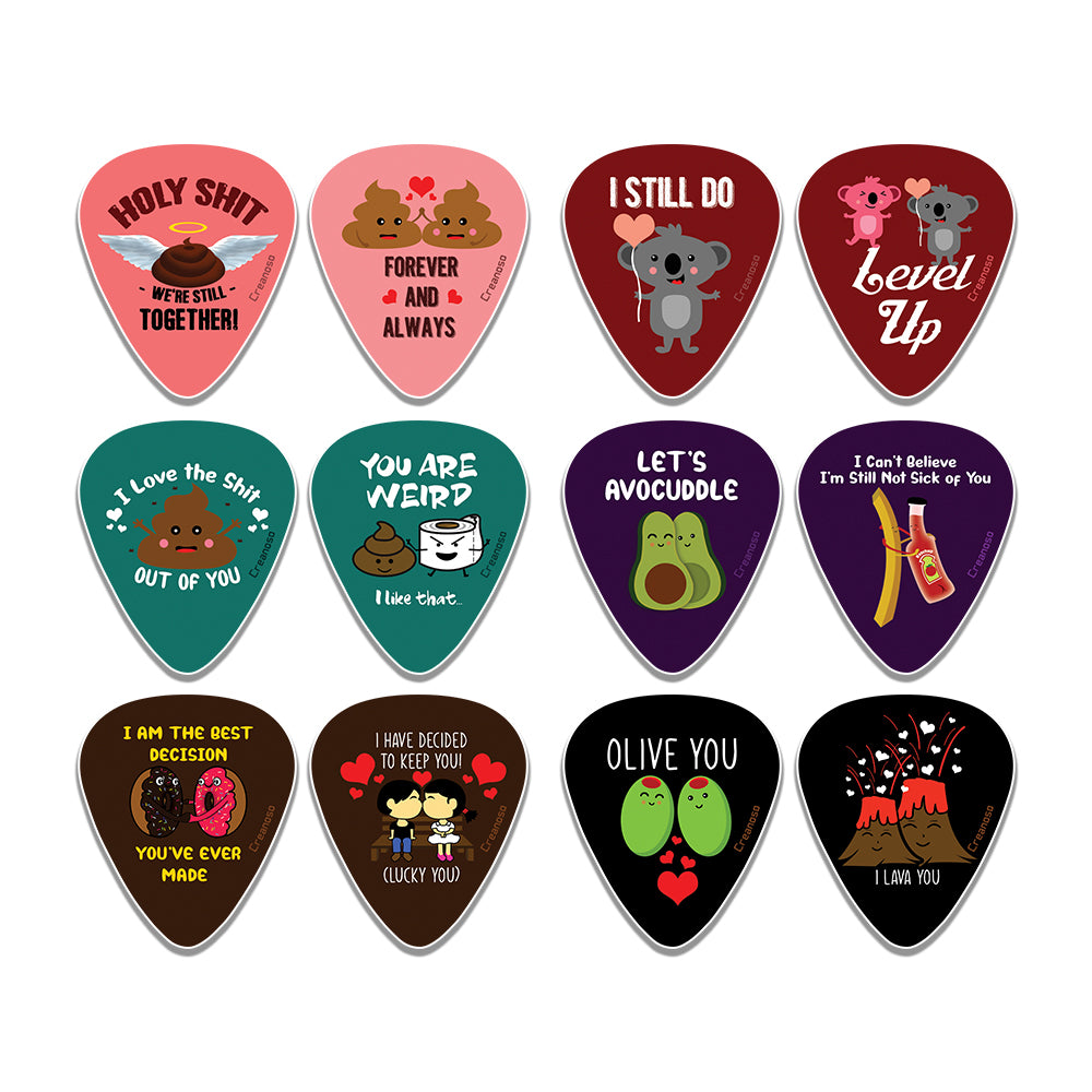 Creanoso Funny Lover Guitar Picks (12-Pack) - Premium Music Gifts & Guitar Accessories for Husband Dad Boys Son Men Him Boyfriend Musician Gift â€“ Cool Guitar Plectrums & Tools