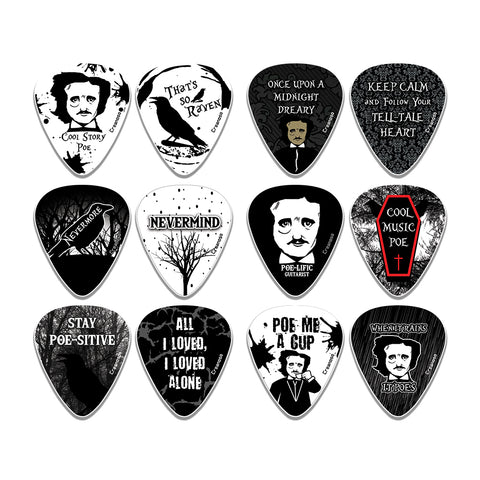 Creanoso Acoustic Guitar Picks (12-Pack) - Gothic Horror Edgar Allan Poe - Premium Music Gifts & Guitar Accessories for Husband Dad Boys Men Him Boyfriend Musician Gift â€“ Cool Guitar Plectrums & Tools