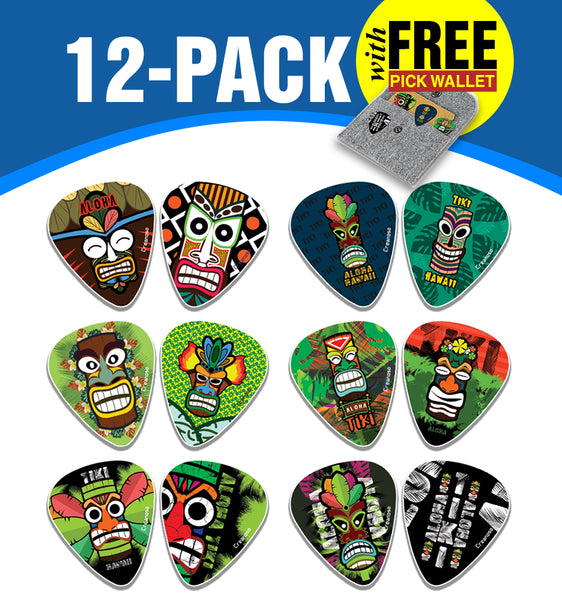 Aloha Tiki Art Design Guitar Picks (12-Pack) - Premium Music Gifts & Guitar Accessories for Boys & Girls Musician Gift â€“ Cool Guitar Tool