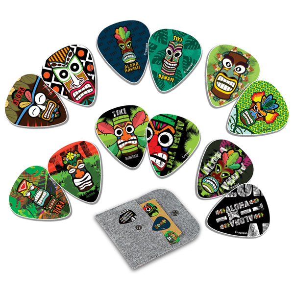 Aloha Tiki Art Design Guitar Picks (12-Pack) - Premium Music Gifts & Guitar Accessories for Boys & Girls Musician Gift â€“ Cool Guitar Tool