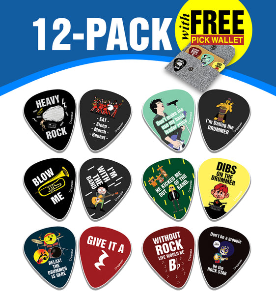 Funny Band Guitar Picks (12 - Pack) - Premium Music Gifts & Guitar Accessories for Boys & Girls Musician Gift â€“ Cool Guitar Tool