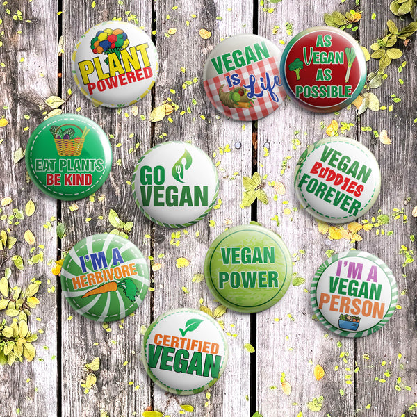 Vegan Pinback Buttons (1 Set x 10 Designs)