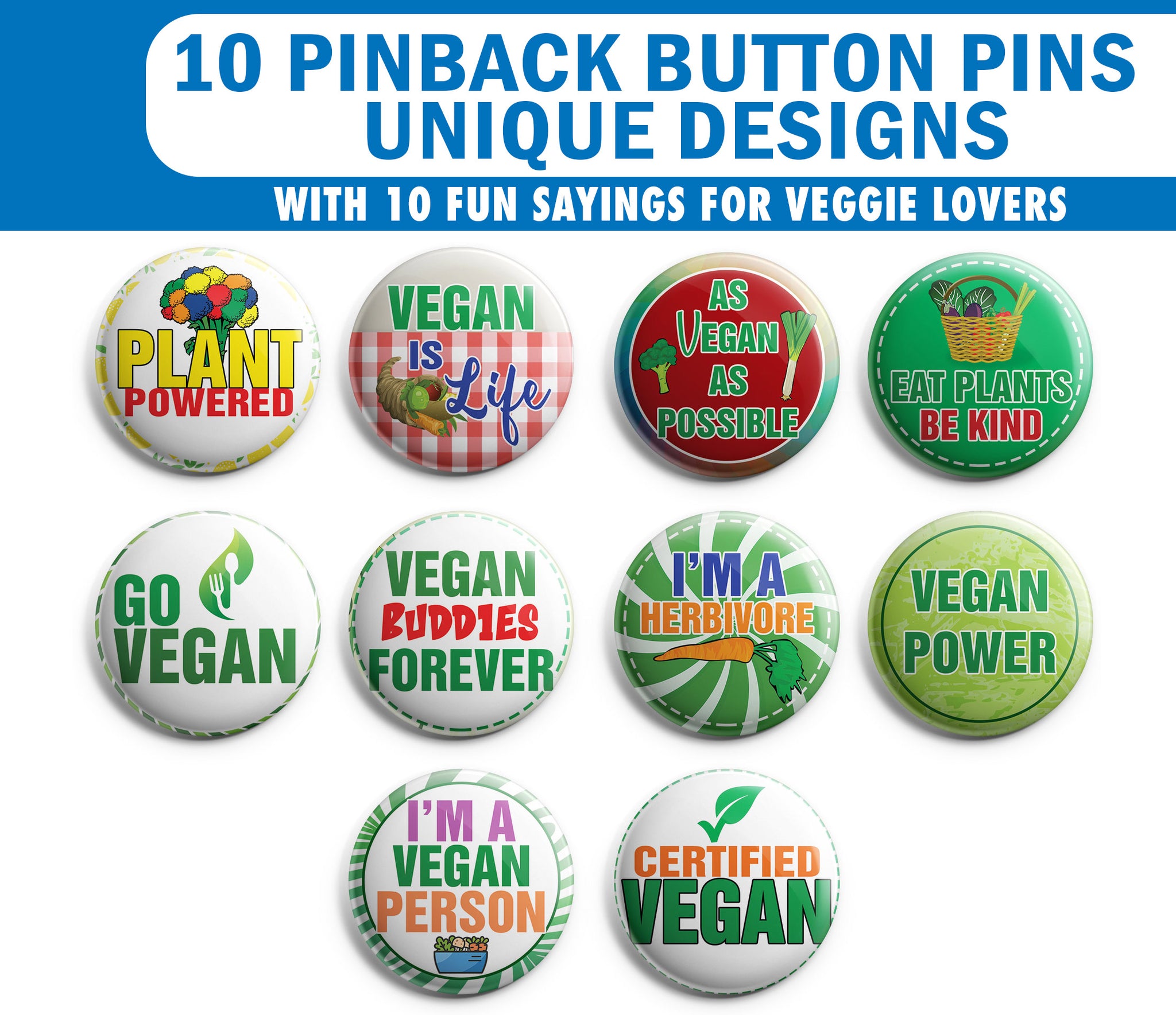 Vegan Pinback Buttons (1 Set x 10 Designs)
