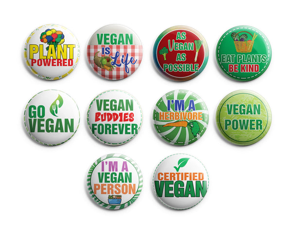 Vegan Pinback Buttons (1 Set x 10 Designs)
