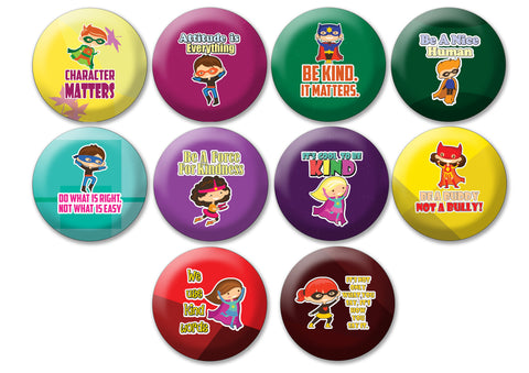 Creanoso Kids Pinback Buttons - Character Counts (10-Pack) - Classroom Reward Incentives for Students and Children - Stocking Stuffers Party Favors & Giveaways for Teens & Adults