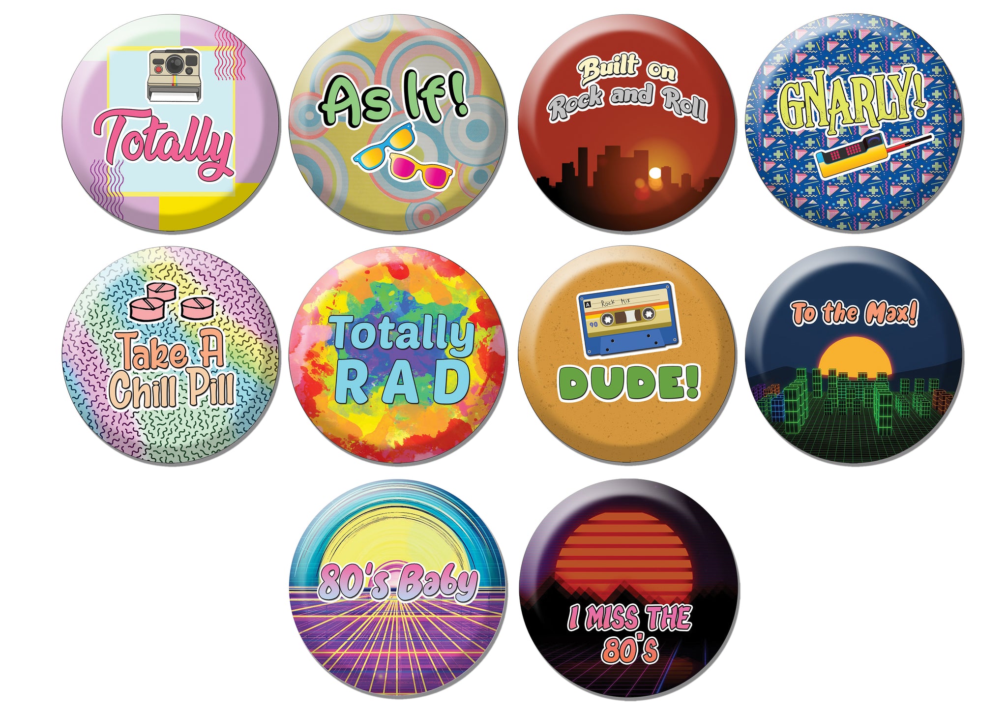Creanoso Pinback Buttons - Everything 80's (10-Pack) - Premium Quality Gift Ideas for Children, Teens, & Adults for All Occasions - Stocking Stuffers Party Favor & Giveaways