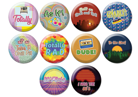 Creanoso Pinback Buttons - Everything 80's (10-Pack) - Premium Quality Gift Ideas for Children, Teens, & Adults for All Occasions - Stocking Stuffers Party Favor & Giveaways