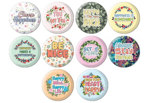 Creanoso Motivational Pinback Buttons - Happiness Kindness Success (10-Pack) - Premium Quality Gift Ideas for Children, Teens, Adults for All Occasions - Stocking Stuffers Party Favor & Giveaways