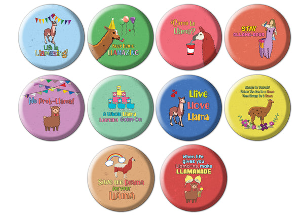 Creanoso Motivational Pinback Buttons - Llama (10-Pack) - Stocking Stuffers Premium Quality Gift Ideas for Children, Teens, & Adults - Corporate Giveaways & Party Favors