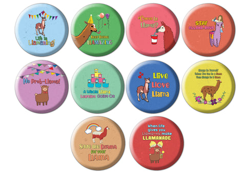 Creanoso Motivational Pinback Buttons - Llama (10-Pack) - Stocking Stuffers Premium Quality Gift Ideas for Children, Teens, & Adults - Corporate Giveaways & Party Favors