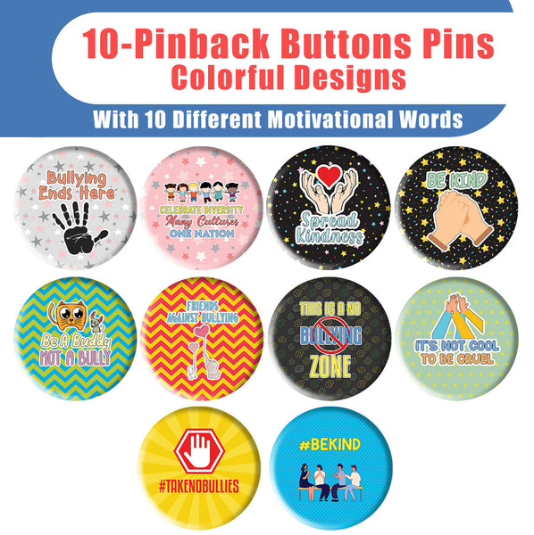 Creanoso Anti-Bullying Pinback Buttons Pins Series 2 (10-Pack) - Stocking Stuffers Premium Quality Gift Ideas for Children, Teens, & Adults - Corporate Giveaways & Party Favors