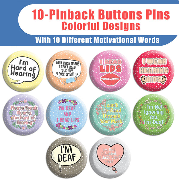 Creanoso Deaf Awareness HOH Pinback Buttons (10-Pack) - Stocking Stuffers Premium Quality Gift Ideas for Children, Teens, & Adults - Corporate Giveaways & Party Favors