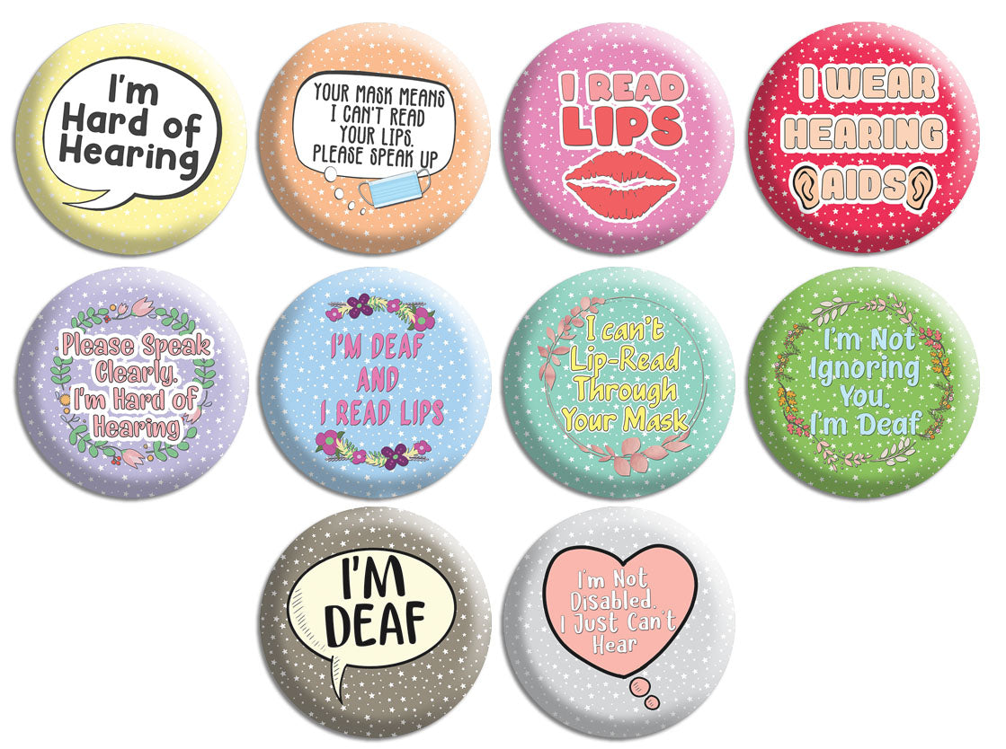 Creanoso Deaf Awareness HOH Pinback Buttons (10-Pack) - Stocking Stuffers Premium Quality Gift Ideas for Children, Teens, & Adults - Corporate Giveaways & Party Favors