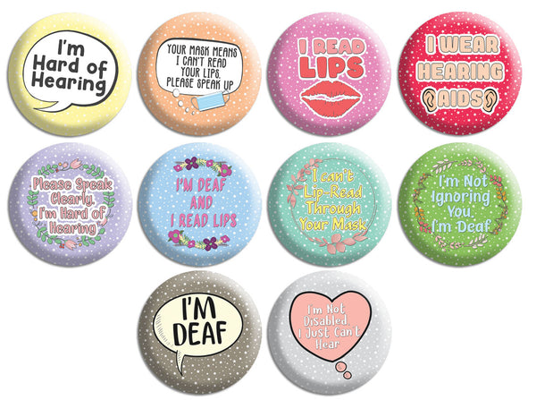 Creanoso Deaf Awareness HOH Pinback Buttons (10-Pack) - Stocking Stuffers Premium Quality Gift Ideas for Children, Teens, & Adults - Corporate Giveaways & Party Favors