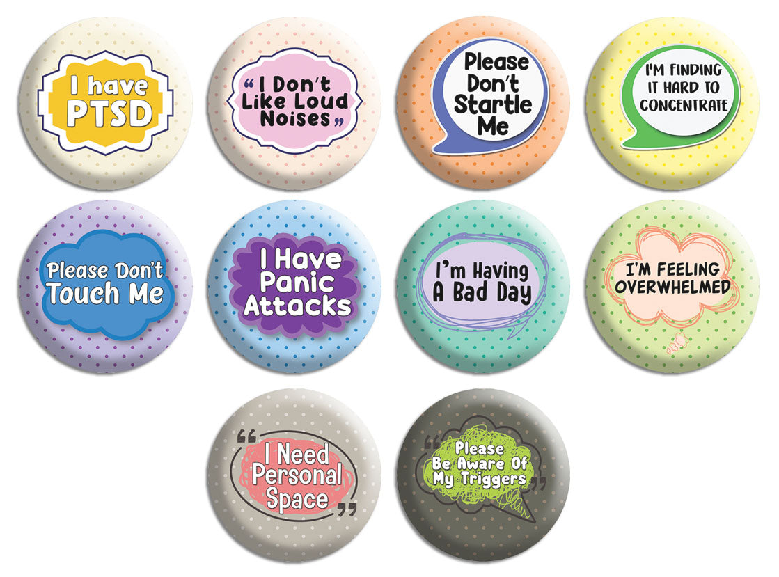 Creanoso PTSD Pinback Button Badge (10-Pack) - Stocking Stuffers Premium Quality Gift Ideas for Children, Teens, & Adults - Corporate Giveaways & Party Favors