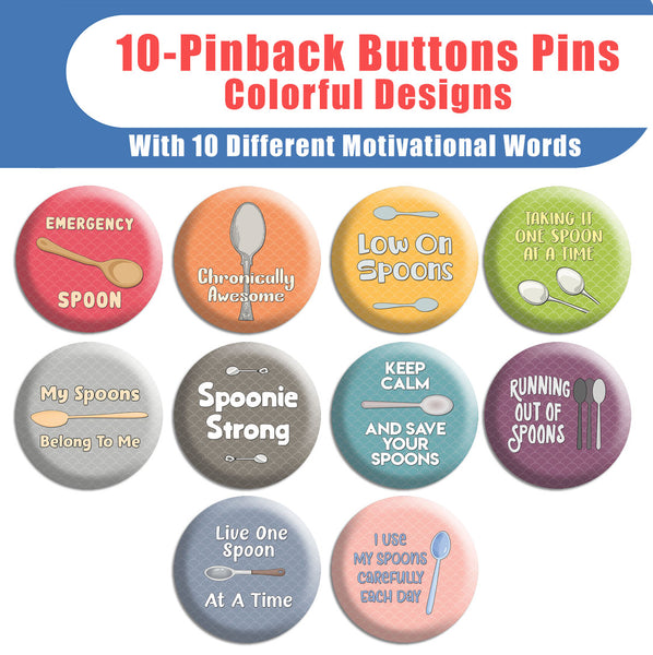 Creanoso Spoon Theory Pinback Button (10-Pack) - Stocking Stuffers Premium Quality Gift Ideas for Children, Teens, & Adults - Corporate Giveaways & Party Favors