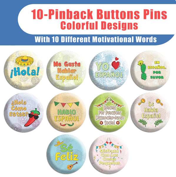Creanoso Spanish Pinback Buttons - Learn Espanol (10-Pack) - Premium Quality Gift Ideas for Children, Teens, & Adults for All Occasions - Stocking Stuffers Party Favor & Giveaways