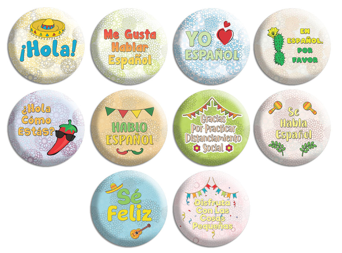 Creanoso Spanish Pinback Buttons - Learn Espanol (10-Pack) - Premium Quality Gift Ideas for Children, Teens, & Adults for All Occasions - Stocking Stuffers Party Favor & Giveaways