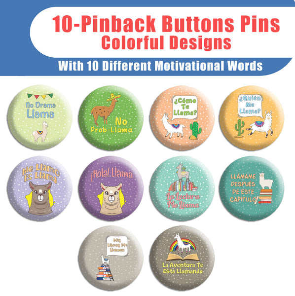 Creanoso Spanish Pinback Buttons - Llama Badge (10-Pack) - Premium Quality Gift Ideas for Children, Teens, & Adults for All Occasions - Stocking Stuffers Party Favor & Giveaways